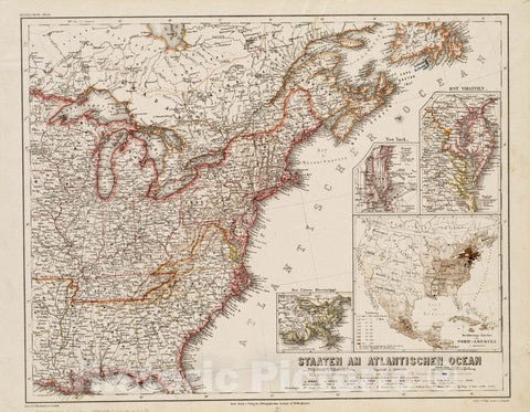 Historical Map, 1862-1884 Staaten am Atlantischen Ocean, Vintage Wall Art