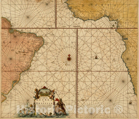 Historical Map, 1680 Pascaarte vande zee custen Van Guinea, en Brasilia : Van Cabo de Verde, tot C. de bona EsperancIÂ¨a : Van R. de Amazones tot Rio de la Plata, Vintage Wall Art
