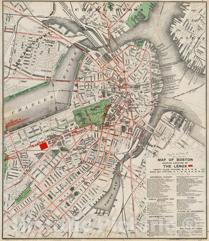 Historical Map, 1898 Map of Boston Showing Location of The Lenox, Vintage Wall Art