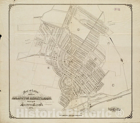 Historical Map, 1874 Plan of Lands situated at Arlington Heights, Mass : Owned by The Arlington Land Co, Vintage Wall Art