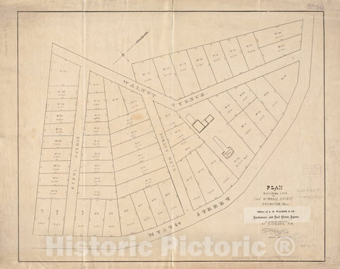 Historical Map, 1871 Plan of Building Lots on The 'Kimball' Estate Arlington, Mass. at 3 o'clock p.m, Vintage Wall Art