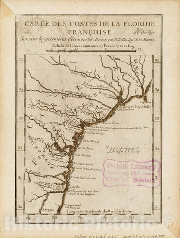 Historical Map, 1744 Carte des costes de la Floride Francoise : suivant les premieres decouvertes, Vintage Wall Art