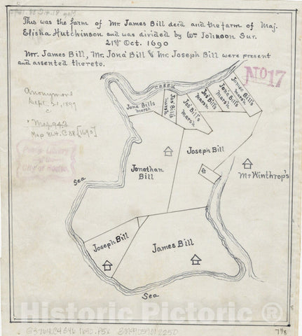 Historical Map, 1690 [Plan of Farm Lands in Chelsea Belonging to The Bill Family], Vintage Wall Art