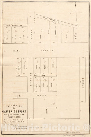 Historical Map, 1851 Plan of land in Cambridgeport held by the receivers of the Phoenix Bank : to be sold by public auction Friday June 20, 1851 at 4 o'clk. p.m. on the premises, Vintage Wall Art