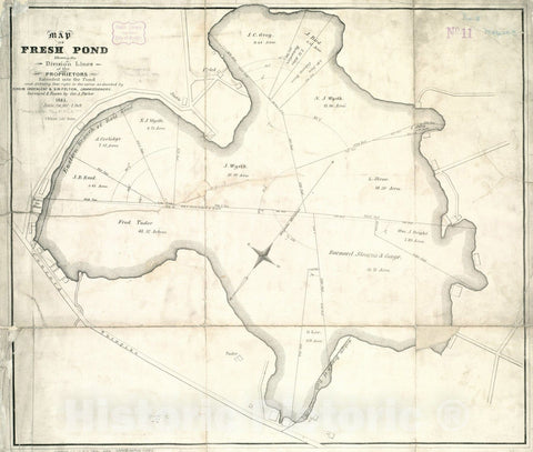 Historical Map, 1841 Map of Fresh Pond : showing the division lines of the proprietors, Vintage Wall Art