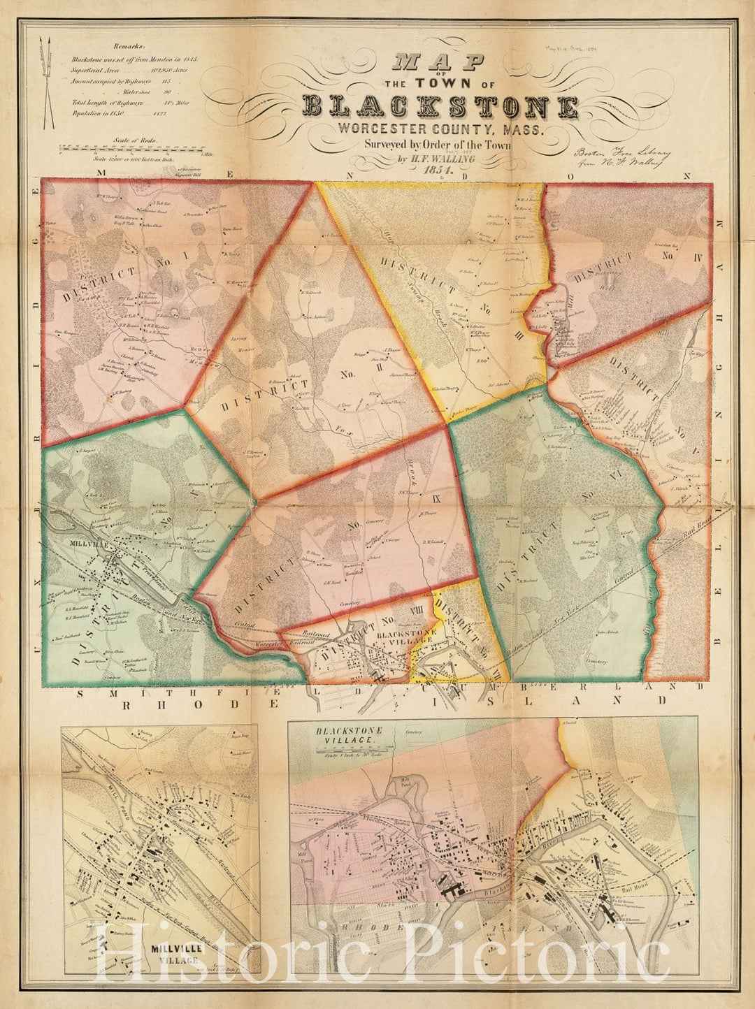 Historical Map, 1854 Map of The Town of Blackstone, Worcester County, Mass : surveyed by Order of The Town, Vintage Wall Art