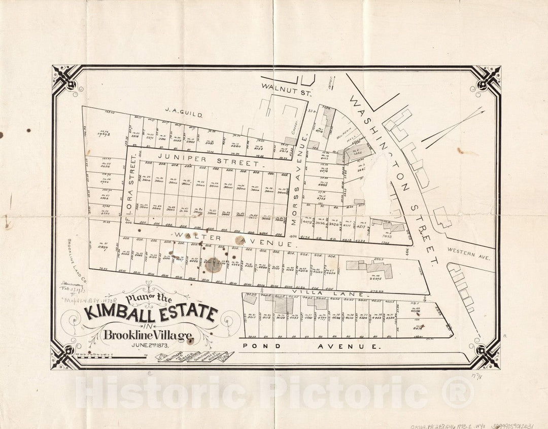 Historical Map, Plan of The Kimball Estate in Brookline Village : June 2nd 1873, Vintage Wall Art