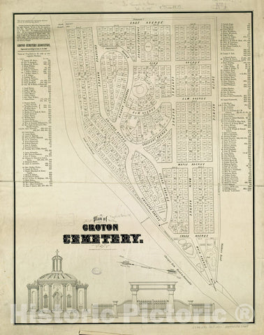 Historical Map, 1855 Plan of Groton Cemetery, Vintage Wall Art