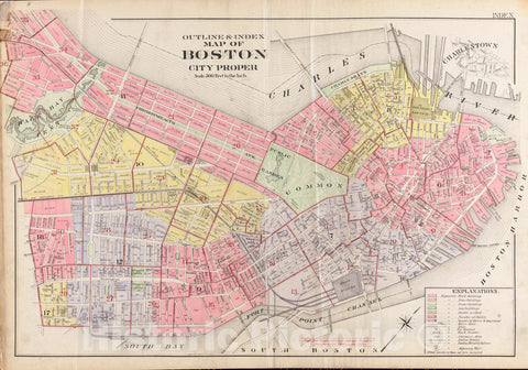 Historical Map, 1902 Outline & Index map of Boston City Proper, Vintage Wall Art