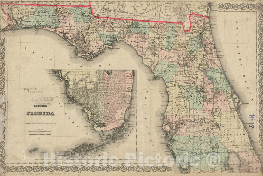 Historical Map, 1883 Colton's Florida, Vintage Wall Art