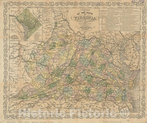 Historical Map, 1857 A New map of The State of Virginia : exhibiting its Internal improvements, Roads, Distances, et Cetera, Vintage Wall Art