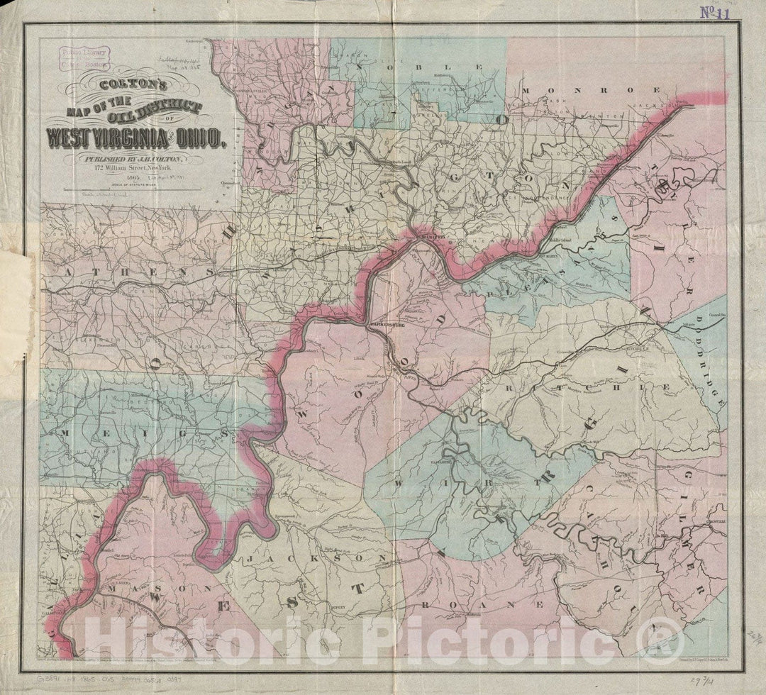 Historical Map, 1865 Colton's map of The Oil District of West Virginia and Ohio, Vintage Wall Art