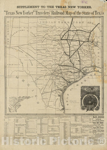 Historical Map, 1870 Texas New Yorker Travelers' Railroad map of The State of Texas, Vintage Wall Art