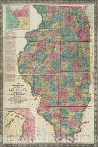 Historical Map, 1852 New sectional map of The State of Illinois : compiled from The United States surveys, Also exhibiting The Internal improvements, Vintage Wall Art