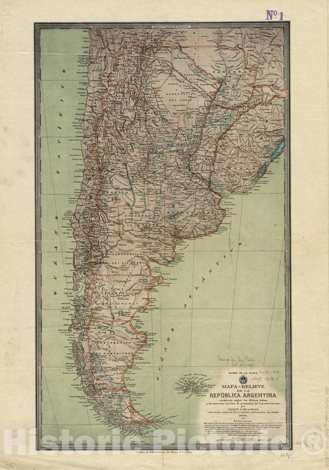 Historical Map, 1894 Mapa-Relieve de la RepuIblica Argentina construido segun Los ultimos datos y documentos ineditos de propiedad del establecimiento, Vintage Wall Art