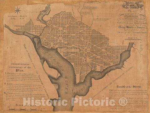 Historical Map, 1792 Plan of The City of Washington in The Territory of Columbia, ceded by The States of Virginia and Maryland to The United States of America, Vintage Wall Art