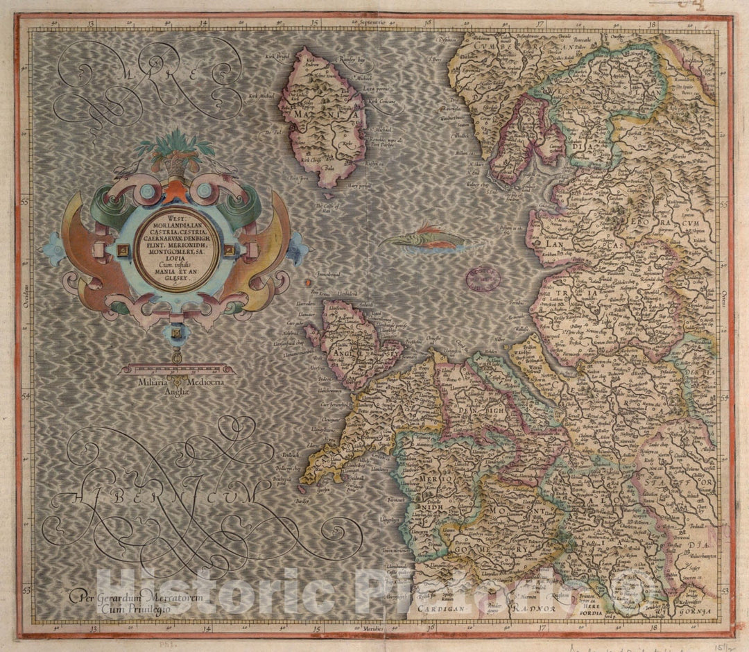 Historical Map, 1633 West Morlandia, Lancastria, Cestria, Caernaruan, Denbigh, Flint, Meridionidh, Montgomery, Salpia, Cum insulis Mania et Anglesey, Vintage Wall Art