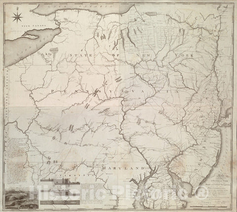 Historical Map, 1791 A map exhibiting a General View of The Roads and Inland Navigation of Pennsylvania, and Part of The Adjacent States, Vintage Wall Art