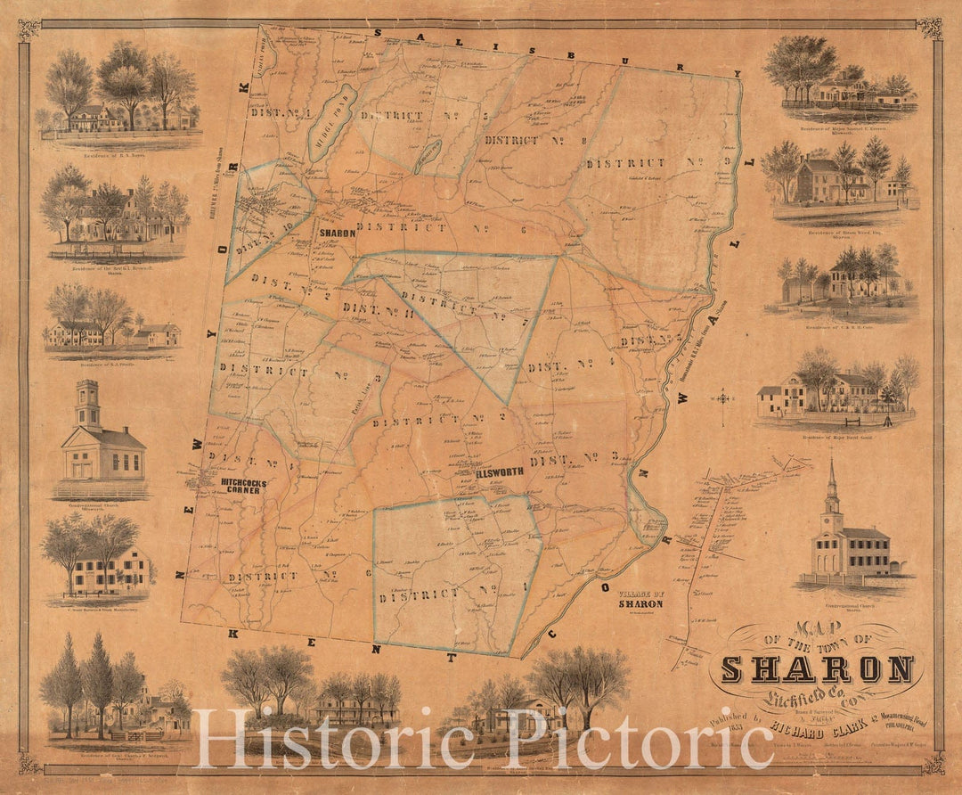Historical Map, 1853 Map of The Town of Sharon, Litchfield County, Connecticut, Vintage Wall Art