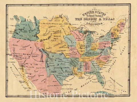 Historical Map, 1848-1849 The United States : The Relative Position of The Oregon & Texas and California, Vintage Wall Art