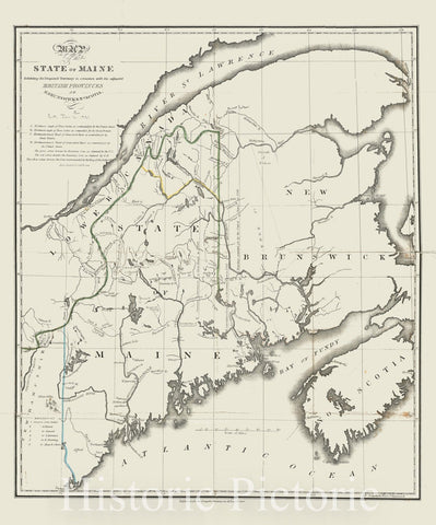 Historical Map, 1832 Map of the state of Maine : exhibiting the disputed territory in connexion with the adjacent British provinces of N. Brunswick & Na. Scotia, Vintage Wall Art