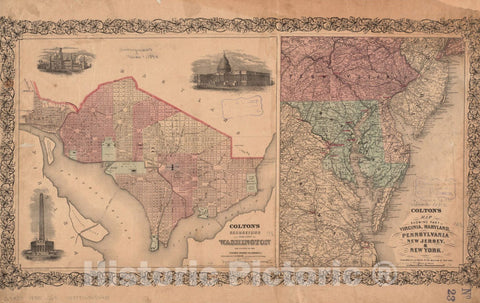 Historical Map, 1855 Colton's Georgetown and the city of Washington : the capital of the United States of America ; Colton's map showing pof Virginia, Maryland, Vintage Wall Art