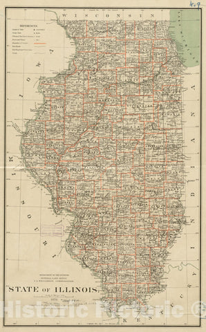 Historical Map, 1878 State of Illinois, Vintage Wall Art