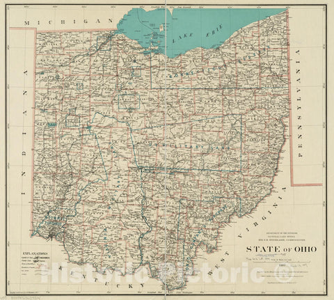 Historical Map, 1887 State of Ohio, Vintage Wall Art