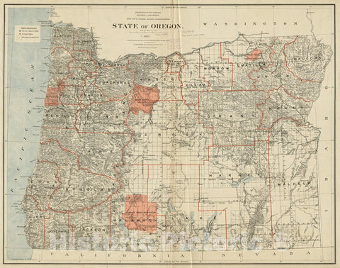 Historical Map, 1889 State of Oregon, Vintage Wall Art