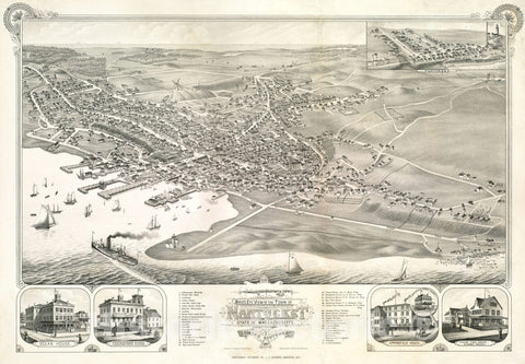 Historical Map, Bird's Eye View of The Town of Nantucket in The State of Massachusetts : Looking Southwest : 1881, Vintage Wall Art