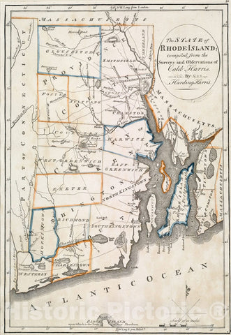 Historical Map, 1818 The State of Rhode Island, Vintage Wall Art