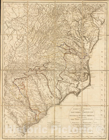 Historical Map, 1787 The marches of Lord Cornwallis in The Southern Provinces, Now States of North America : comprehending The Two Carolinas, with Virginia and Maryland, Vintage Wall Art