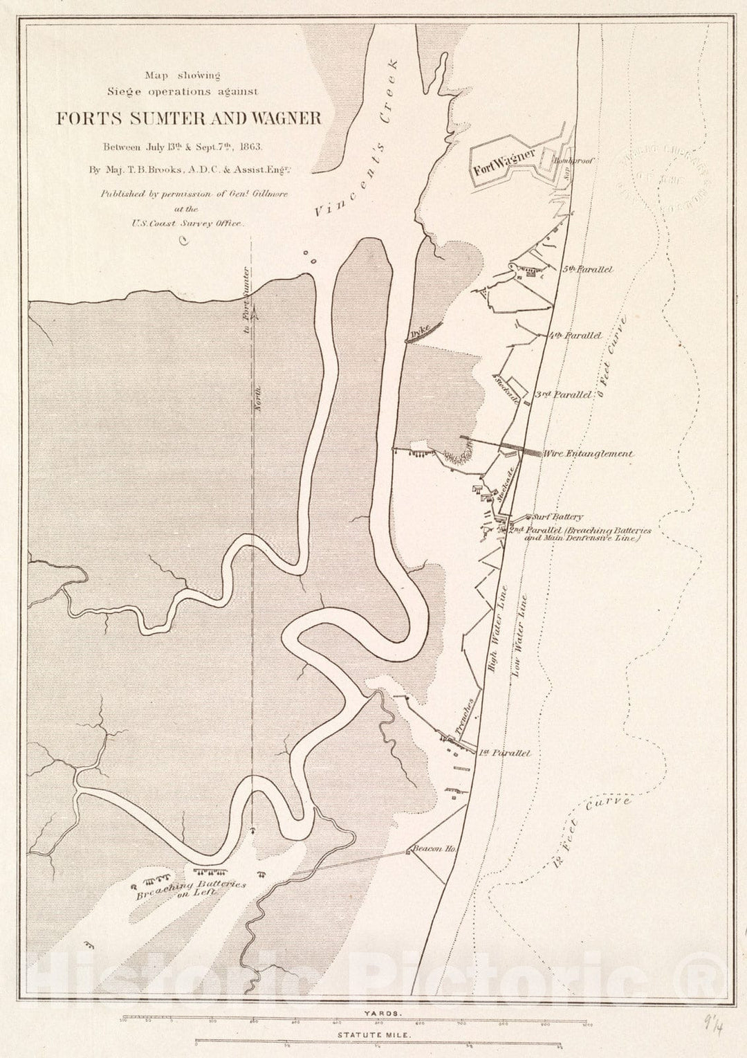 Historical Map, Map Showing Siege Operations Against Forts Sumter and Wagner Between July 13th & Sept. 7th, 1863, Vintage Wall Art