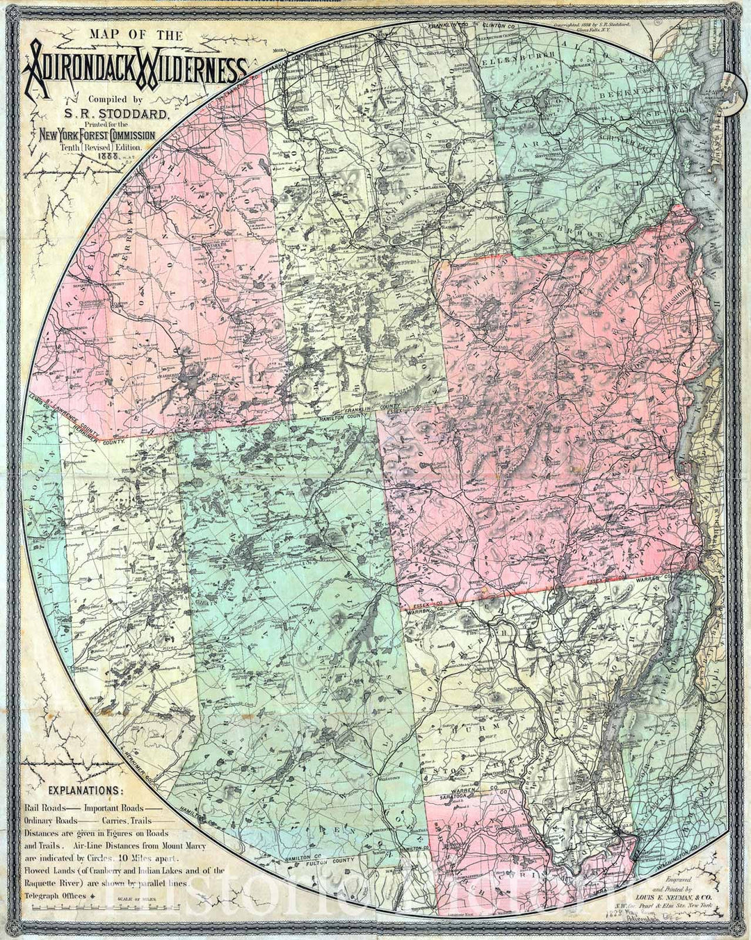 Historical Map, 1888 Map of The Adirondack Wilderness, Vintage Wall Art