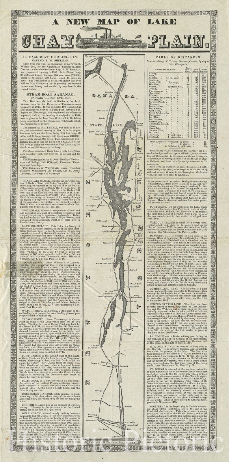 Historical Map, 1845 A New map of Lake Champlain, Vintage Wall Art