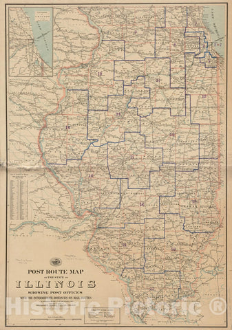 Historical Map, Post Route map of The State of Illinois Showing Post Offices with The Intermediate Distances on Mail Routes in Operation on The 1st of December, 1895, Vintage Wall Art