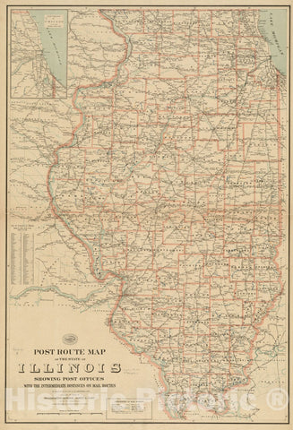 Historical Map, Post Route map of The State of Illinois Showing Post Offices with The Intermediate Distances on Mail Routes in Operation on The 1st of December, 1897, Vintage Wall Art