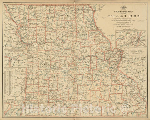 Historical Map, Post Route map of The State of Missouri Showing Post Offices with The Intermediate Distances on Mail Routes in Operation on The 1st. of December, 1897, Vintage Wall Art