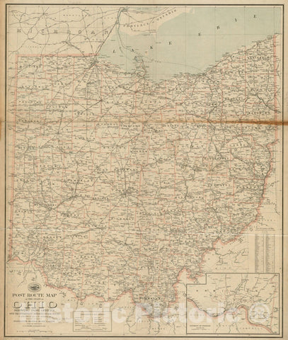 Historical Map, Post Route map of The State of Ohio Showing Post Offices with The Intermediate Distances on Mail Routes in Operation on The 1st of December, 1903, Vintage Wall Art