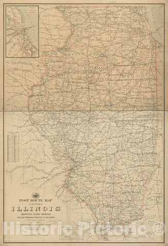 Historical Map, Post Route map of The State of Illinois Showing Post Offices with The Intermediate Distances on Mail Routes in Operation on The 1st of December, 1903, Vintage Wall Art