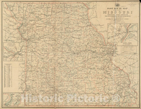 Historical Map, Post Route map of The State of Missouri Showing Post Offices with The Intermediate Distances on Mail Routes in Operation on The 1st of December, 1903, Vintage Wall Art