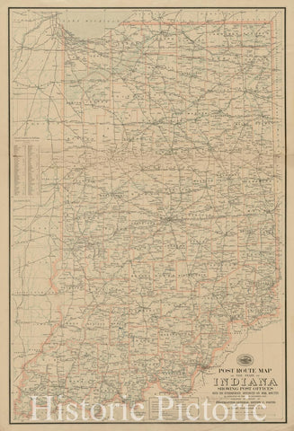 Historical Map, Post Route map of The State of Indiana Showing Post Offices with The Intermediate Distances on Mail Routes in Operation on The 1st of December, 1903, Vintage Wall Art