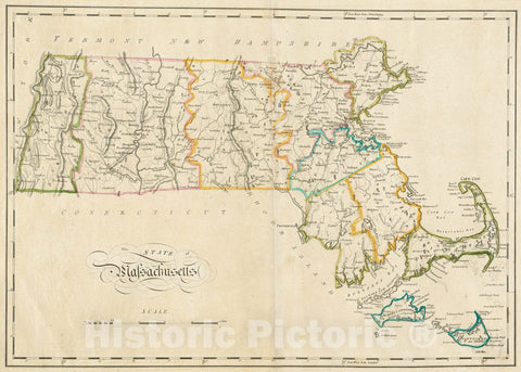 Historical Map, 1814 The State of Massachusetts, Vintage Wall Art