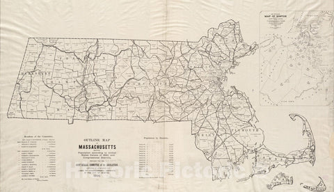 Historical Map, Outline map of Massachusetts showing population according to United States Census of 1890, and Congressional districts, Vintage Wall Art