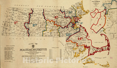 Historical Map, Map of Massachusetts Showing Population According to United States Census of 1900 and congressional districts, Vintage Wall Art