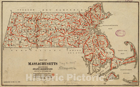 Historical Map, 1906 Map of Massachusetts Showing State Highways Laid Out and petitioned for, Vintage Wall Art