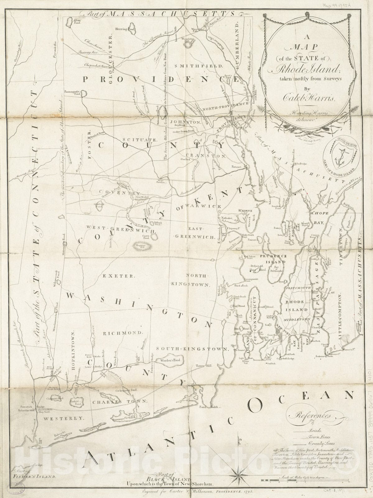 Historical Map, 1795 A map of the State of Rhode Island, Vintage Wall Art