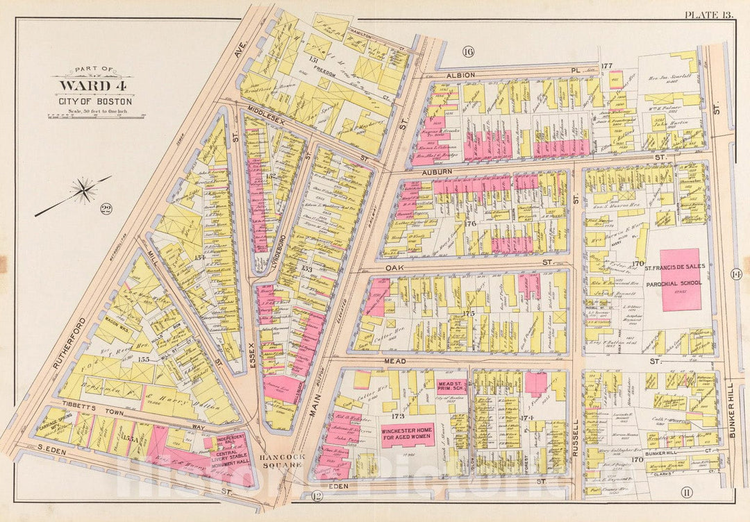 Historical Map, 1901 Atlas of The City of Boston, Charlestown : Plate 13, Vintage Wall Art