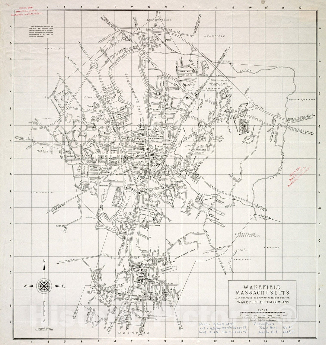 Historical Map, 1955 Wakefield, Massachusetts, Vintage Wall Art
