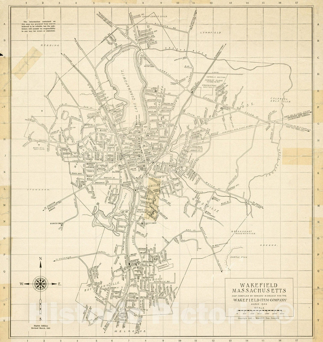 Historical Map, 1942 Wakefield, Massachusetts, Vintage Wall Art
